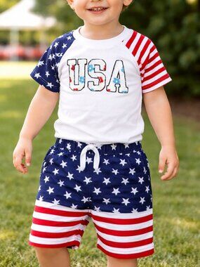 Toddler Boys T-Shirt Pants Red Whit & Blue 4th of July USA Flag Set 2-3T